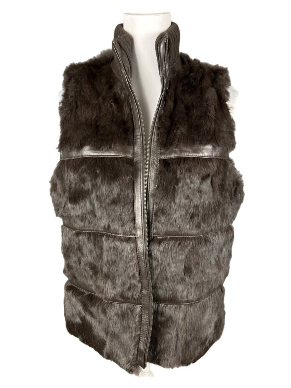 Votre Nom Brown Faux Fur Puffer Vest Large Rabbit Angora Lamb Nappa Leather Trim